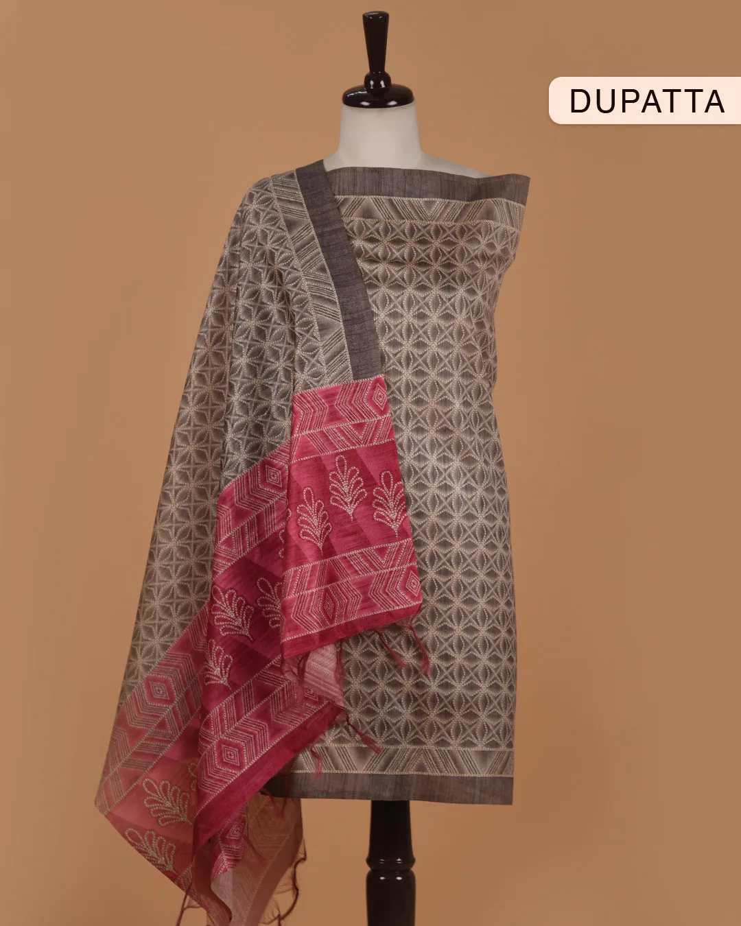 Pink Chanderi Silk Blend Printed With Embroidery Unstitched Suit Fabric Set With Chanderi Silk Blend Printed Dupatta