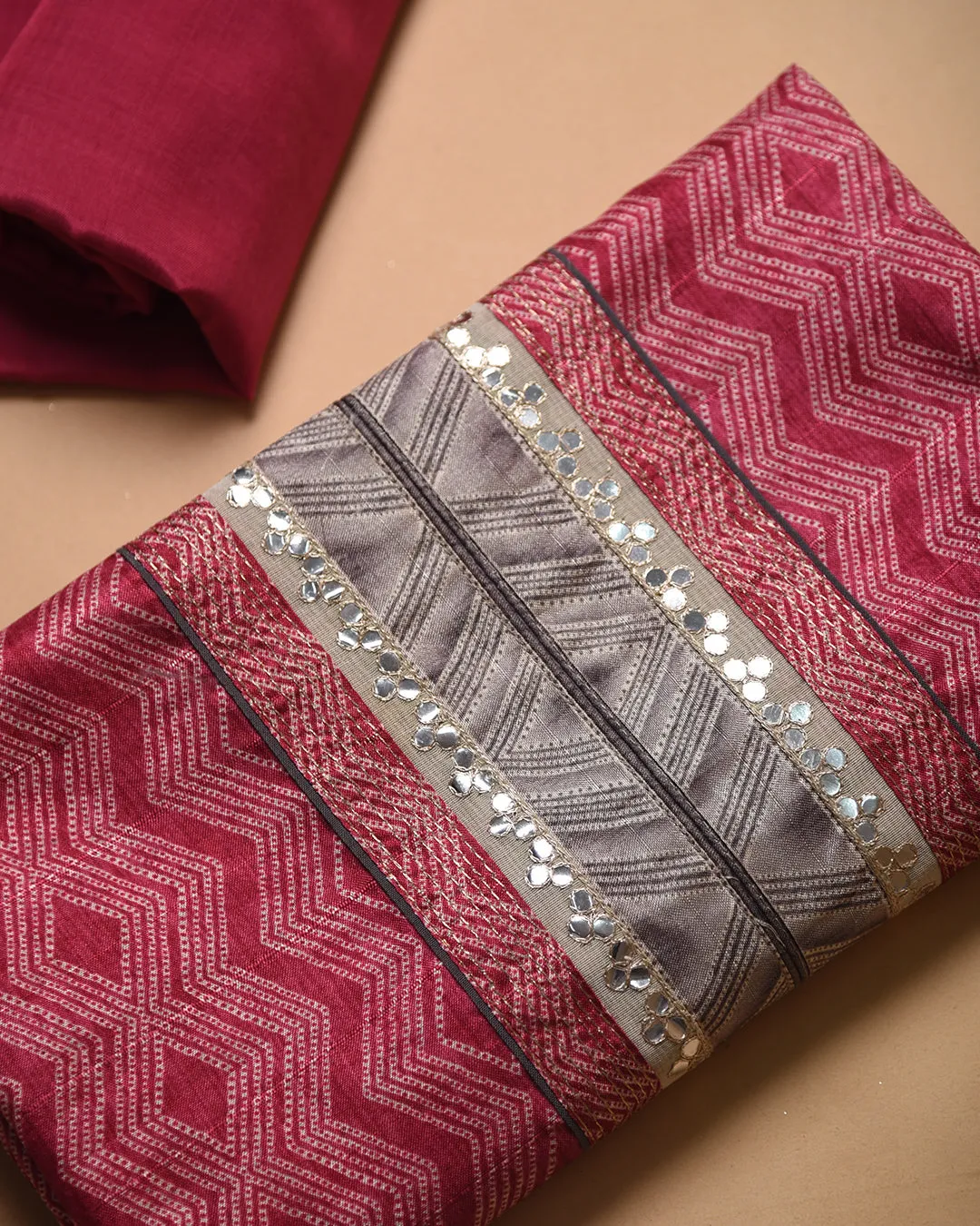 Pink Chanderi Silk Blend Printed With Embroidery Unstitched Suit Fabric Set With Chanderi Silk Blend Printed Dupatta