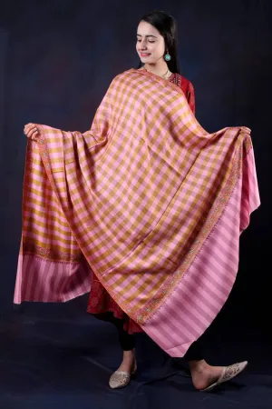 Pink Check Base  Sozni Embroidered Handwooven Pashmina shawl