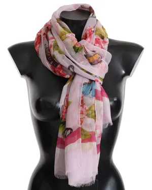 Pink Floral Butterfly Silk Wrap Shawl Scarf