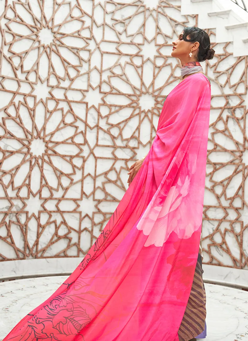 Pink Multicolored Digital Printed Crape Silk Saree