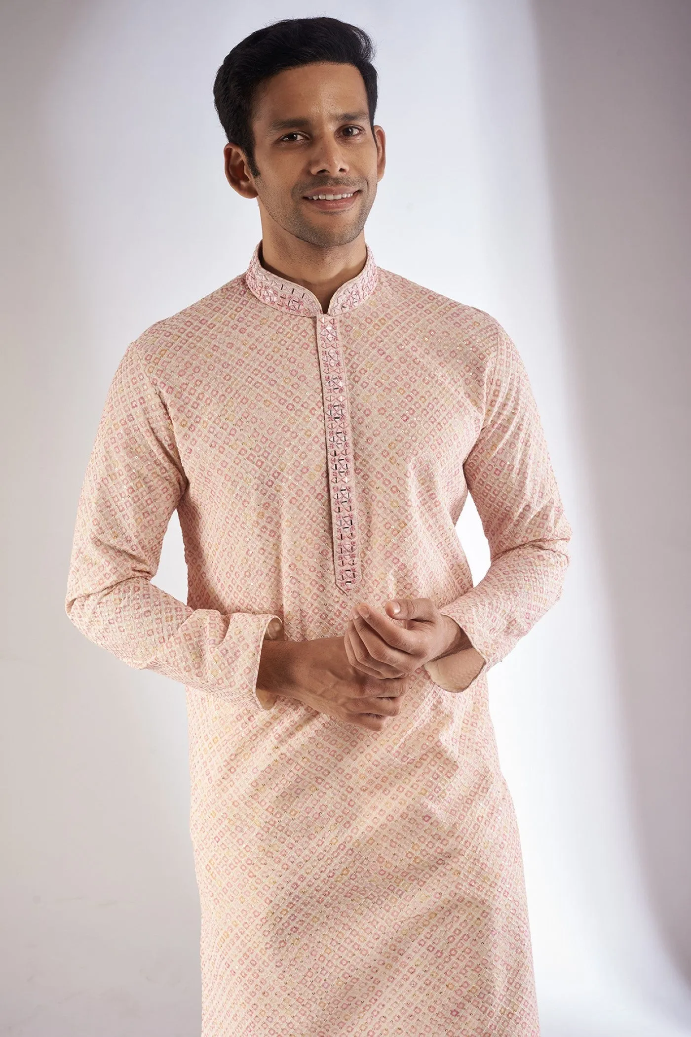 Pink Silk Printed & Embroidered Kurta Set