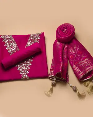 Pink Silk Viscose Blend Hand Embellished Unstitched Suit Fabric Set With Silk Viscose Blend Banarasi Woven Dupatta