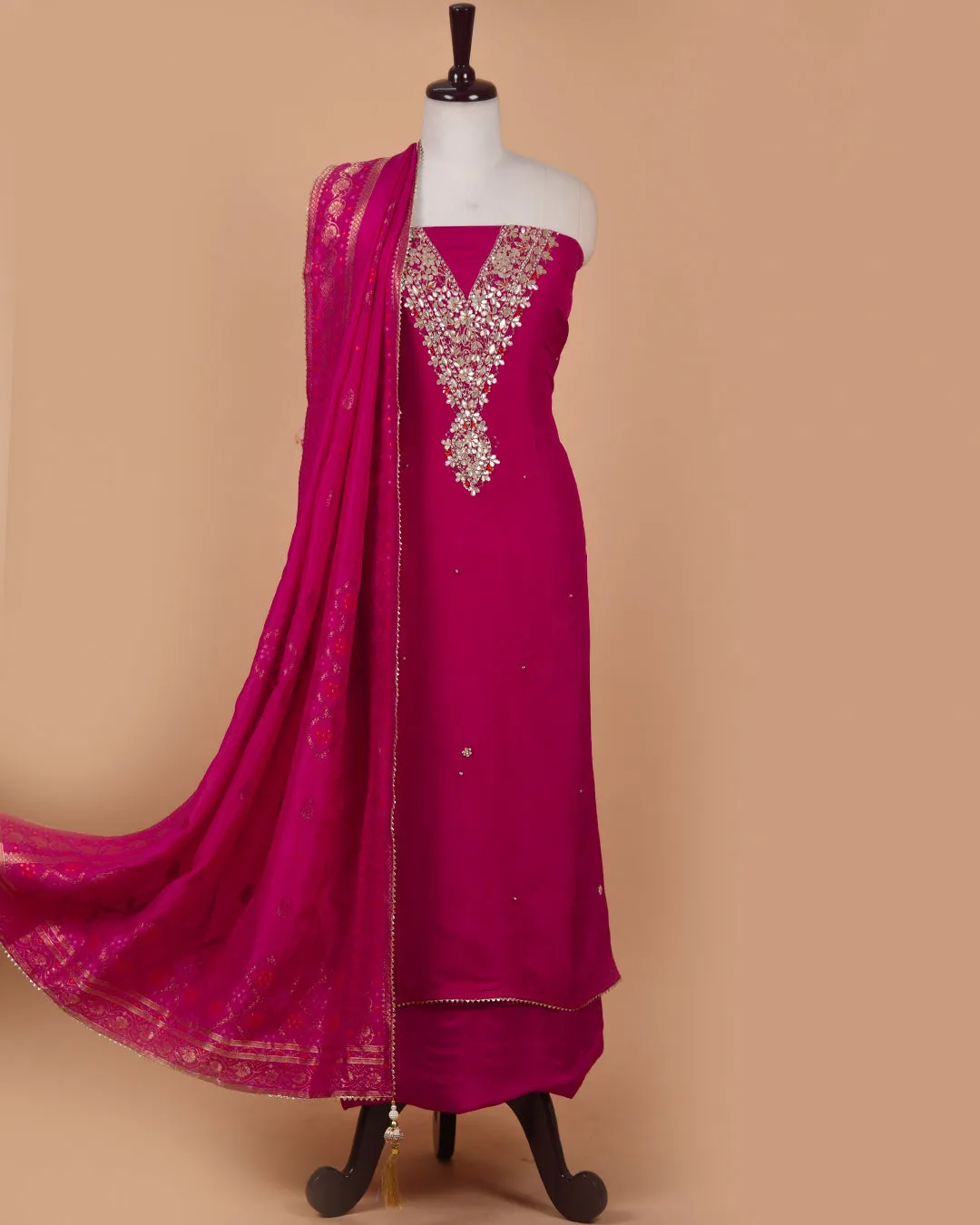 Pink Silk Viscose Blend Hand Embellished Unstitched Suit Fabric Set With Silk Viscose Blend Banarasi Woven Dupatta