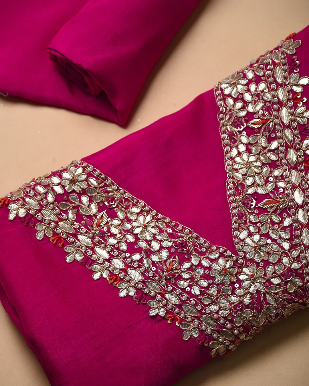 Pink Silk Viscose Blend Hand Embellished Unstitched Suit Fabric Set With Silk Viscose Blend Banarasi Woven Dupatta