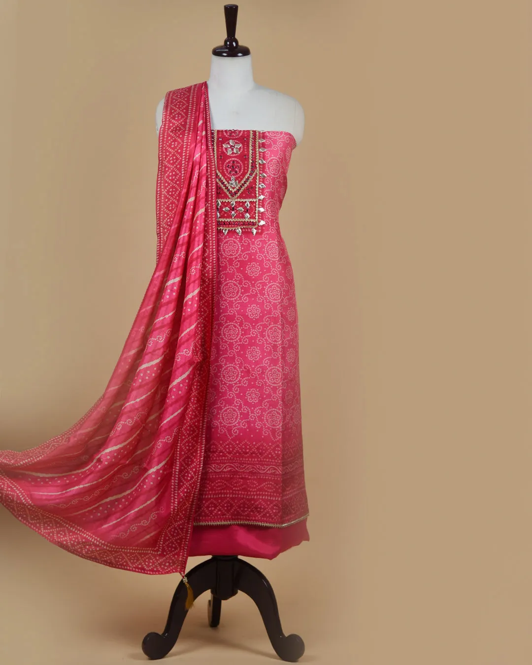 Pink Silk Viscose Blend Printed With Embroidery Unstitched Suit Fabric Set With Silk Viscose Dupatta