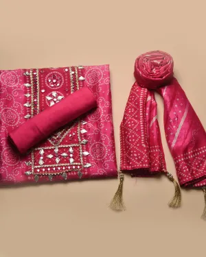Pink Silk Viscose Blend Printed With Embroidery Unstitched Suit Fabric Set With Silk Viscose Dupatta