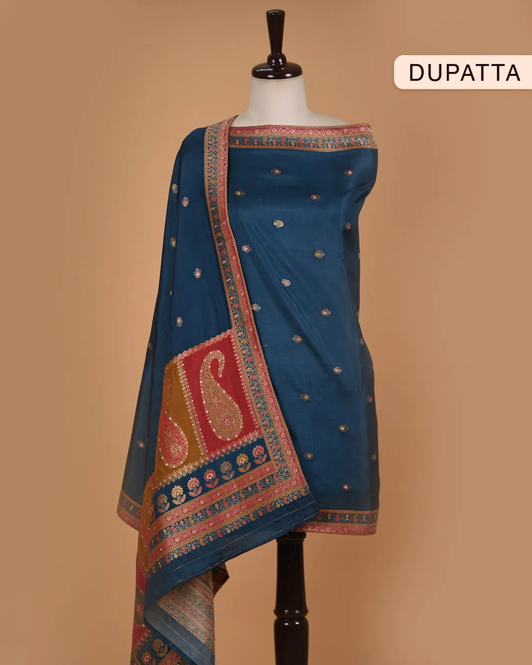 Pink Silk Viscose Blend Printed With Embroidery Unstitched Suit Fabric Set With Silk Woven Dupatta