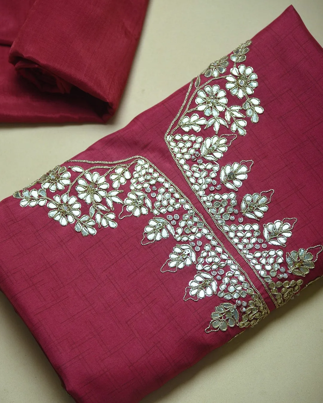 Pink Silk Viscose Blend Printed With Embroidery Unstitched Suit Fabric Set With Silk Woven Dupatta