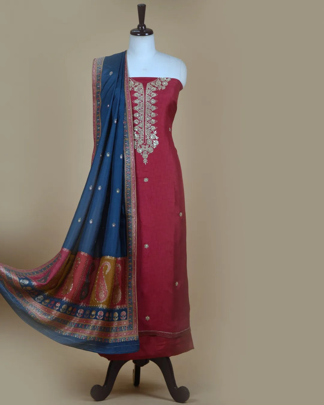 Pink Silk Viscose Blend Printed With Embroidery Unstitched Suit Fabric Set With Silk Woven Dupatta