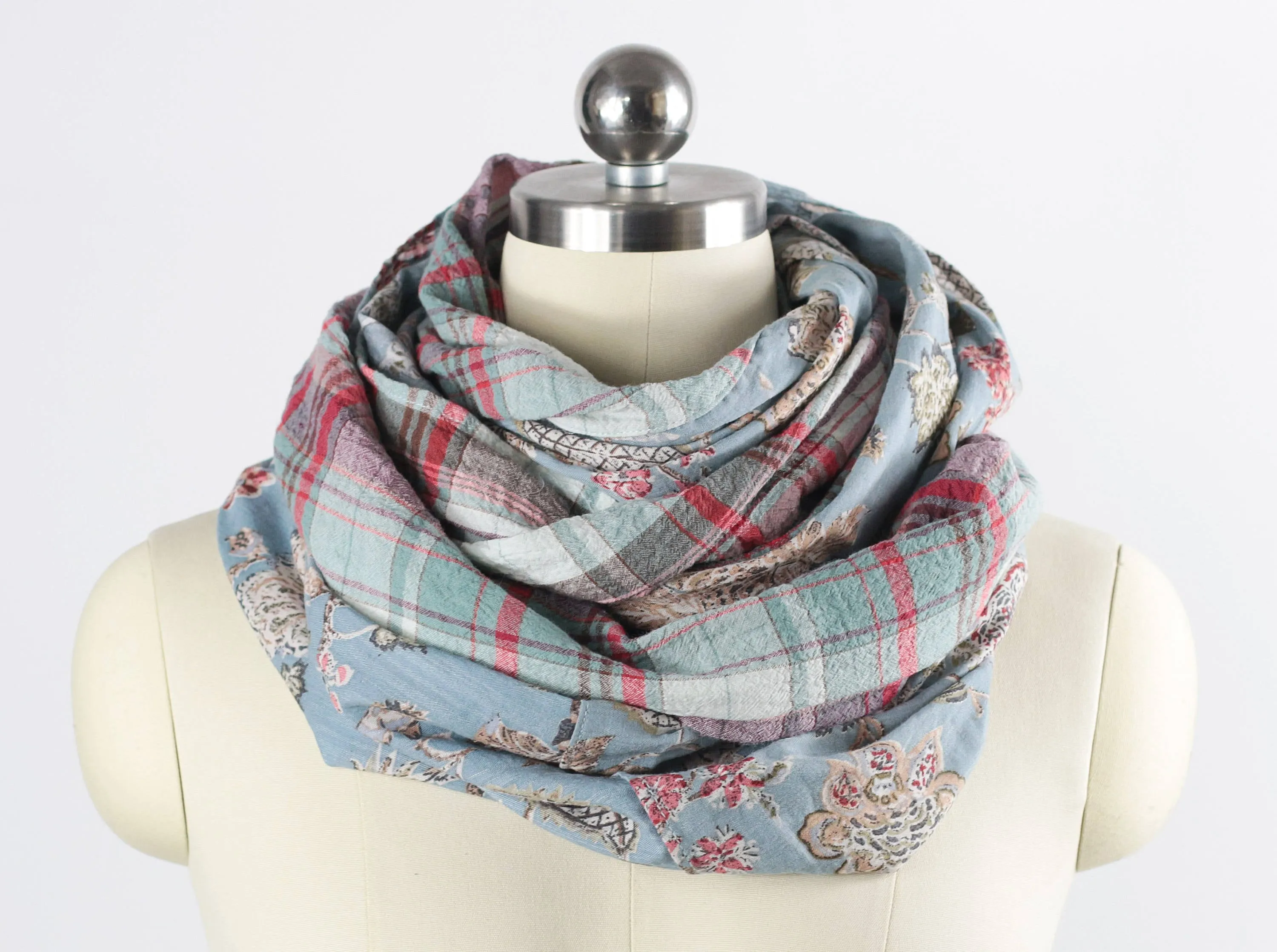 Plaid Floral Fusion Infinity Scarf, Cotton Linen Infinity Scarf, Plaid Cotton Infinity Scarf, Floral Infinity Scarf, Mother's Day Gift