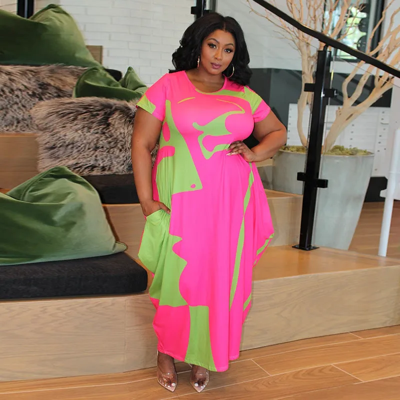 Popular plus Size Printing round-Neck Long Creative Dress
