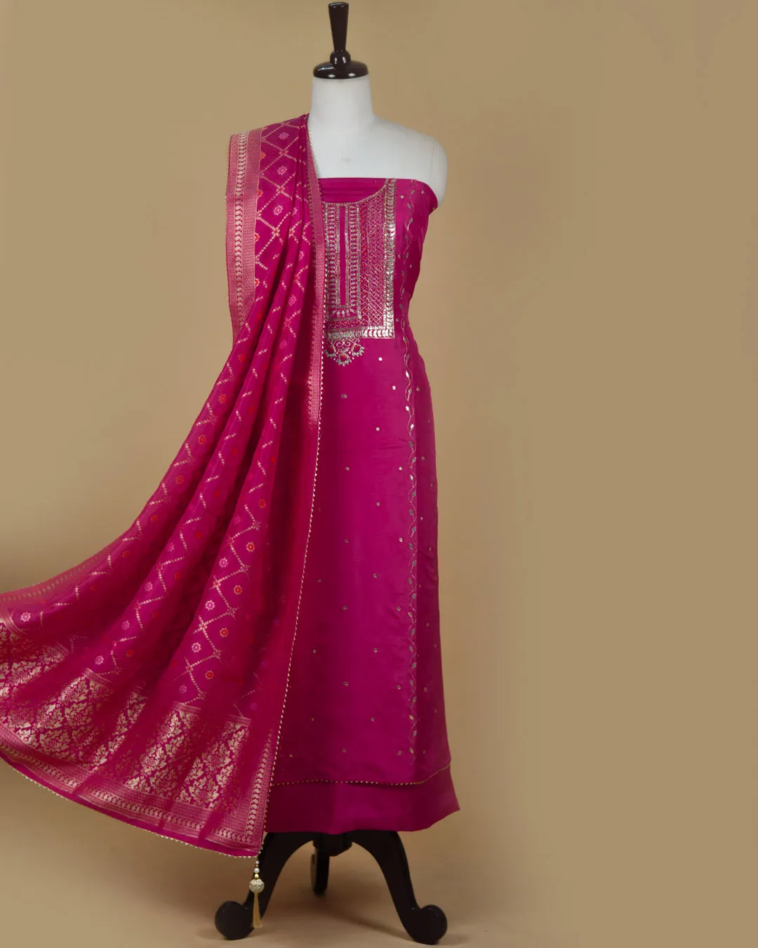 Pretty Pink Silk Viscose Blend Hand Embellished Unstitched Suit Fabric Set With Silk Viscose Blend Banarasi Woven Dupatta