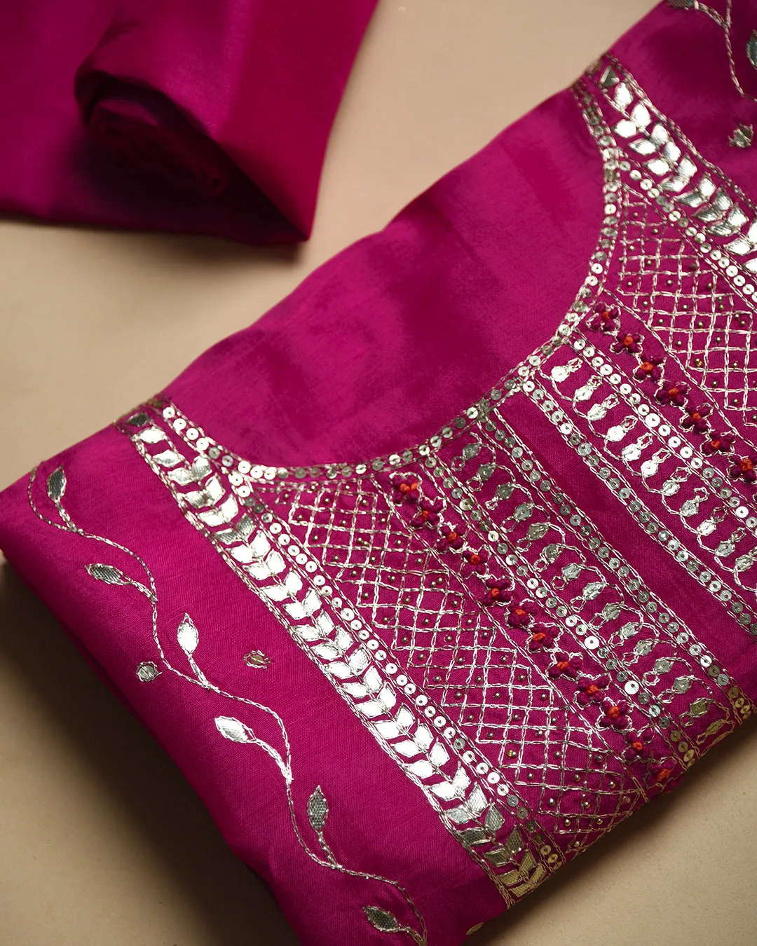 Pretty Pink Silk Viscose Blend Hand Embellished Unstitched Suit Fabric Set With Silk Viscose Blend Banarasi Woven Dupatta