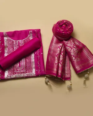 Pretty Pink Silk Viscose Blend Hand Embellished Unstitched Suit Fabric Set With Silk Viscose Blend Banarasi Woven Dupatta