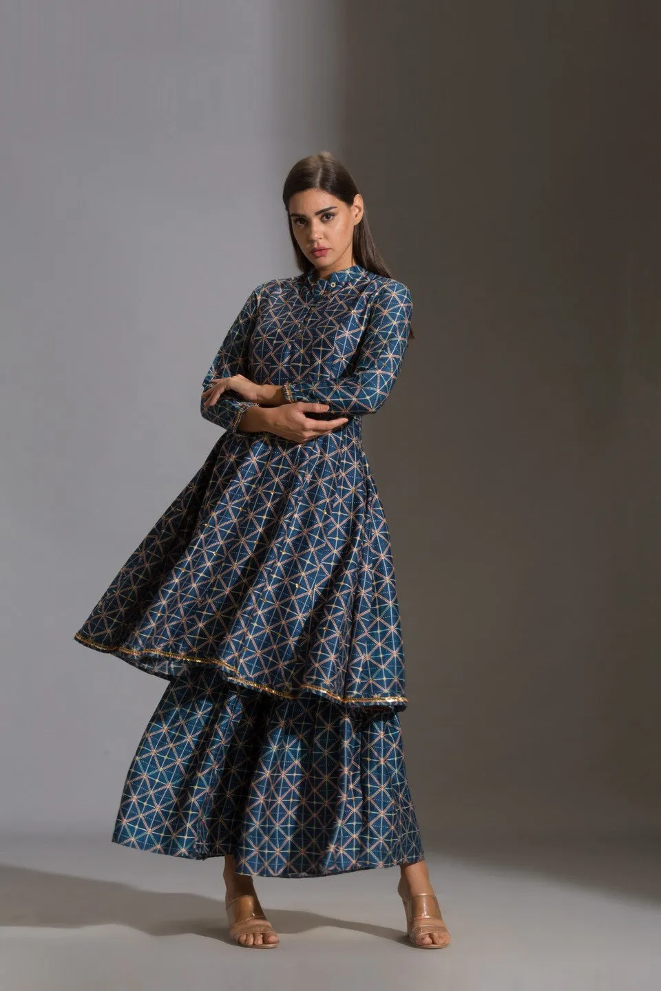 Printed panel anarkali with printed sharara