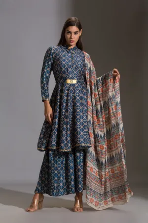 Printed panel anarkali with printed sharara