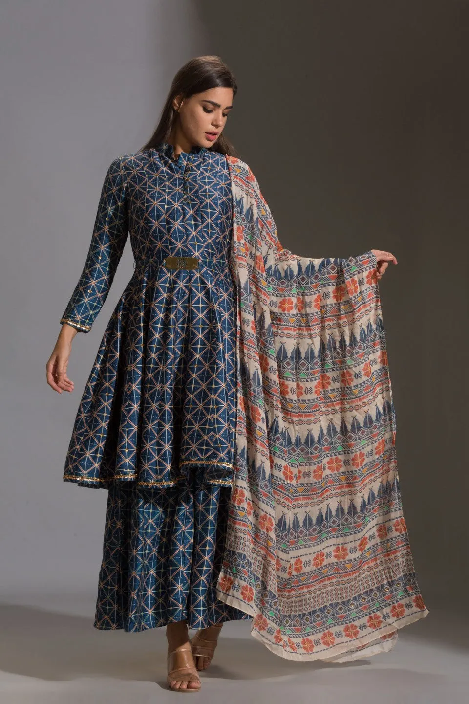 Printed panel anarkali with printed sharara