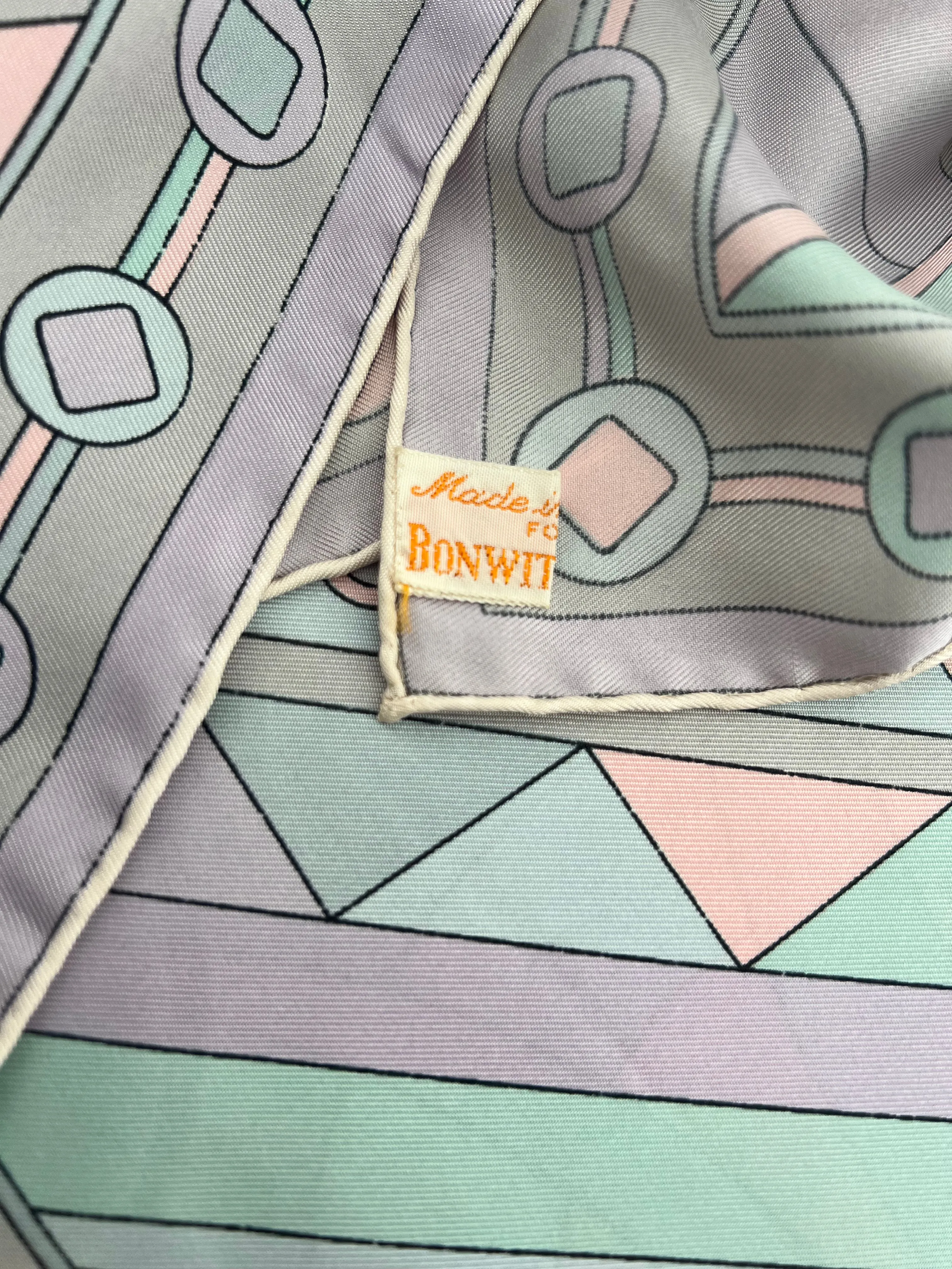 Pucci 60s Geometric Grey, Pale Pink, and Turquoise Printed Silk Square Scarf
