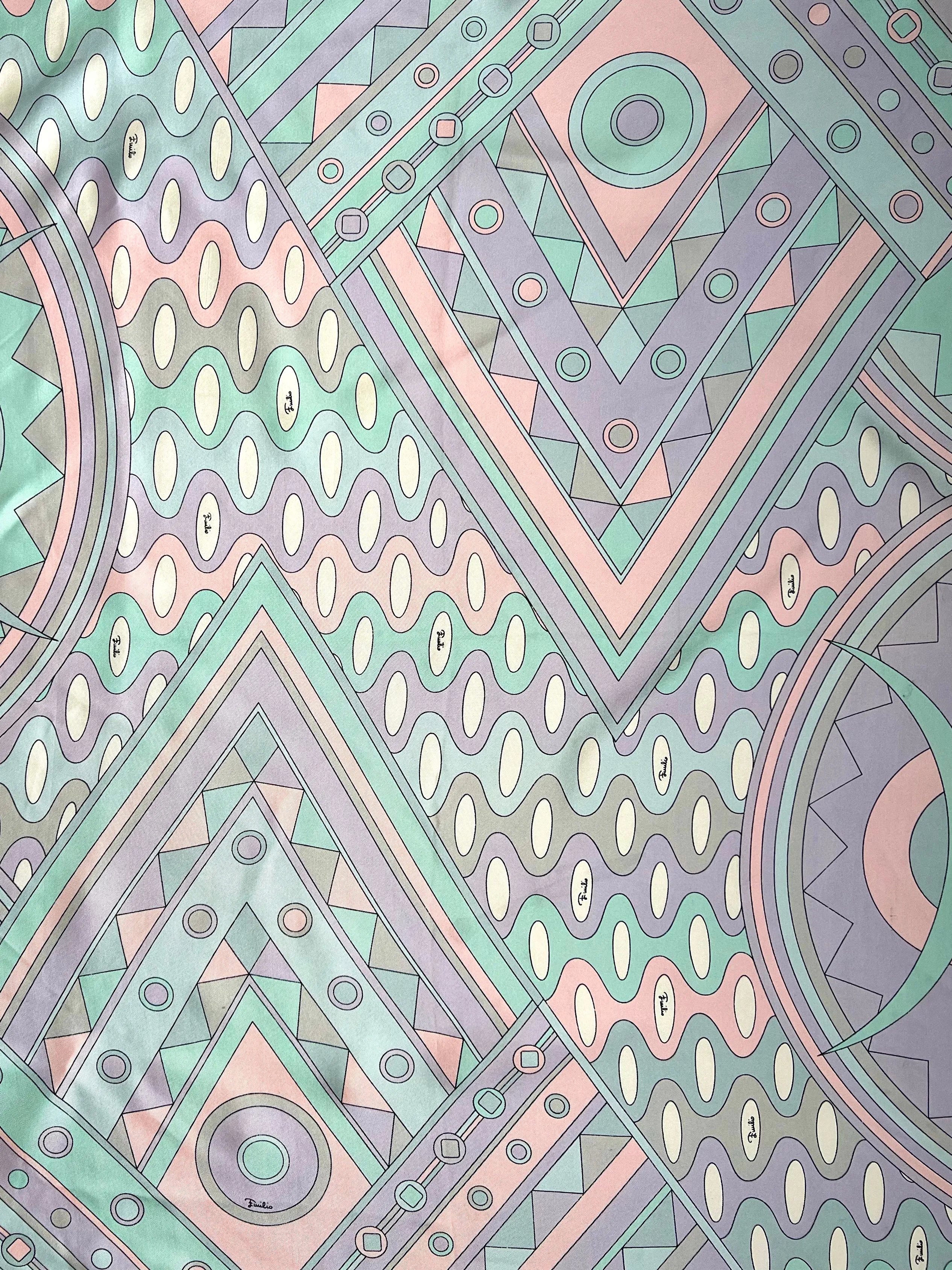 Pucci 60s Geometric Grey, Pale Pink, and Turquoise Printed Silk Square Scarf