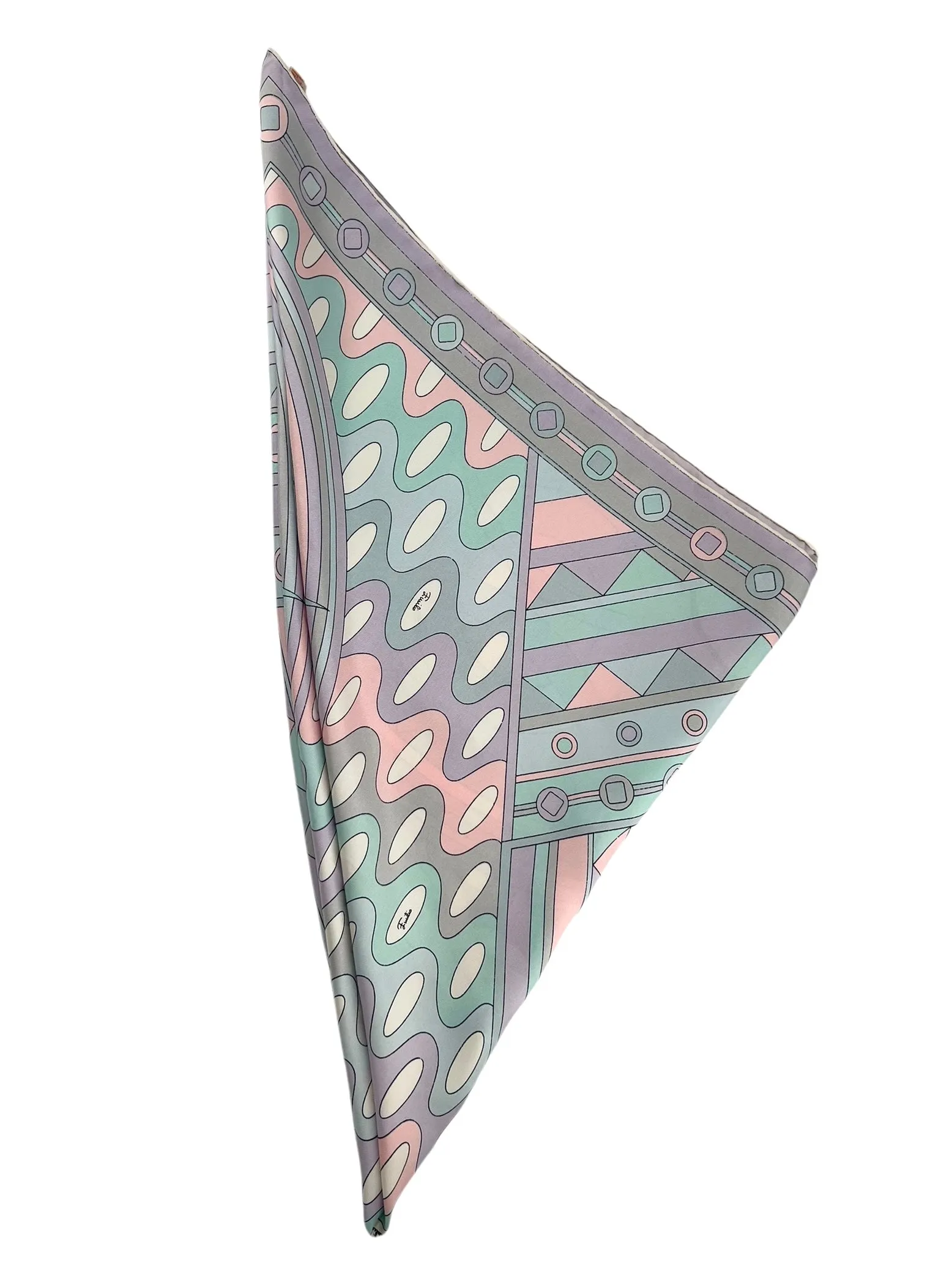 Pucci 60s Geometric Grey, Pale Pink, and Turquoise Printed Silk Square Scarf