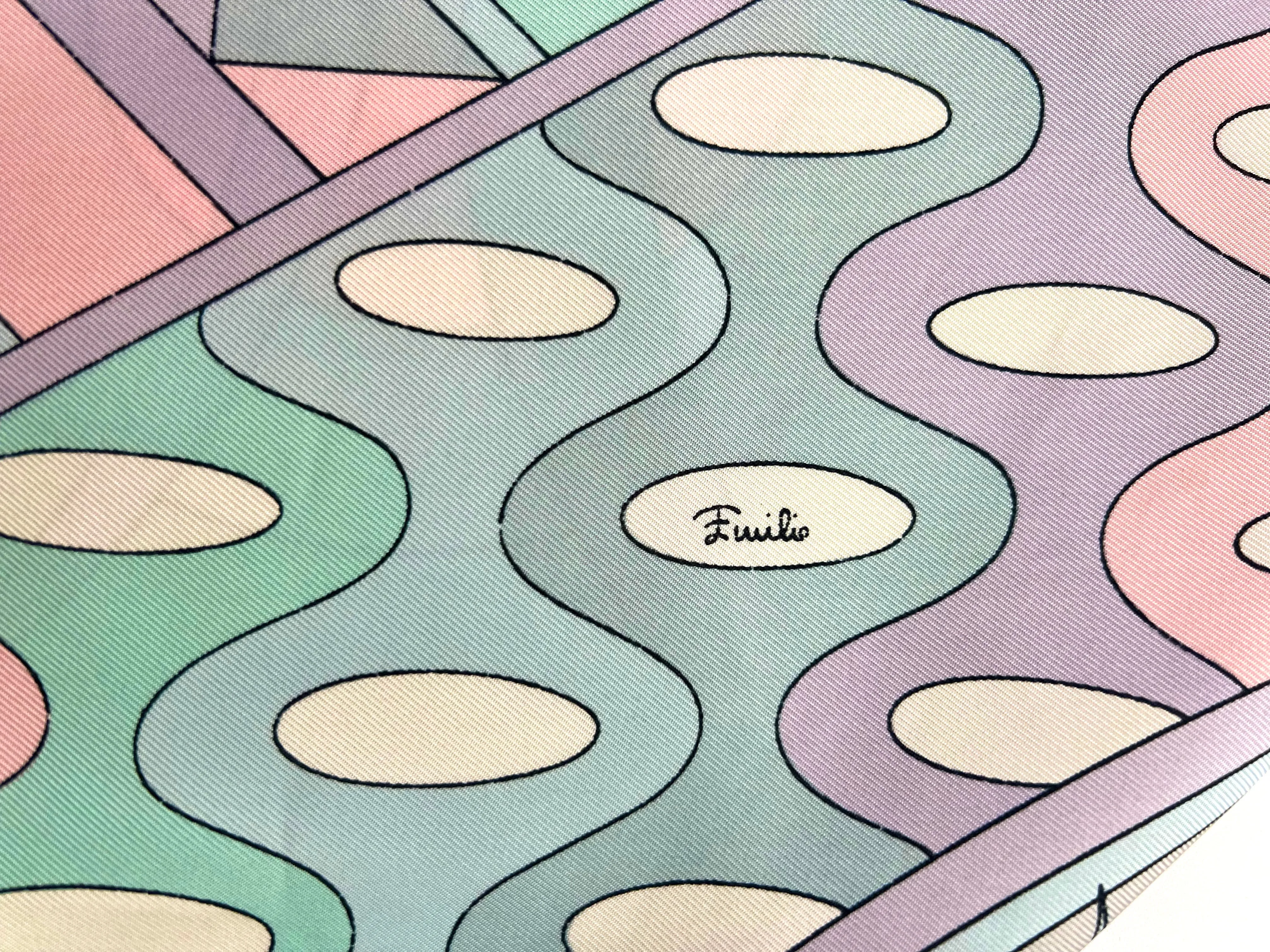 Pucci 60s Geometric Grey, Pale Pink, and Turquoise Printed Silk Square Scarf