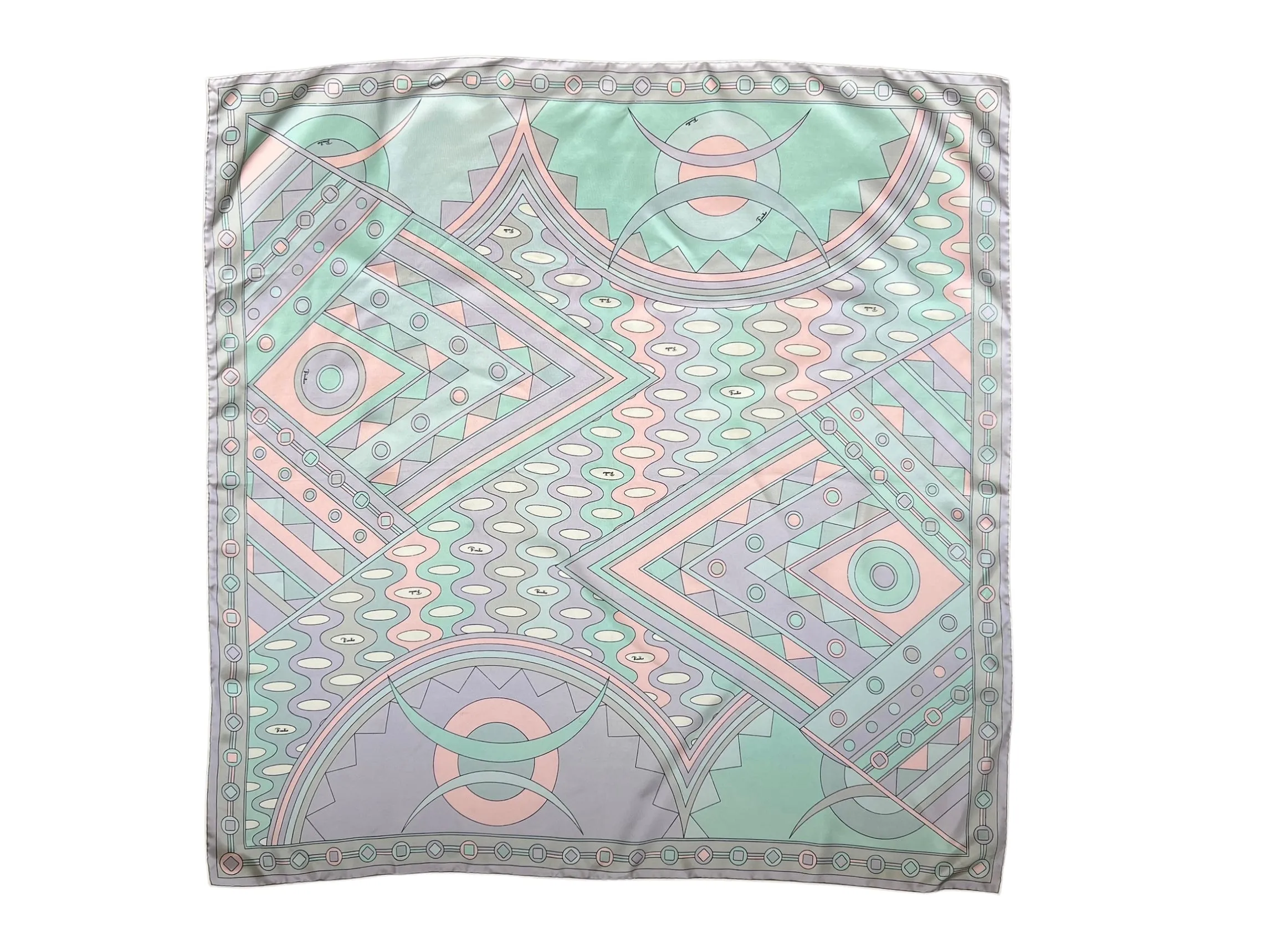Pucci 60s Geometric Grey, Pale Pink, and Turquoise Printed Silk Square Scarf