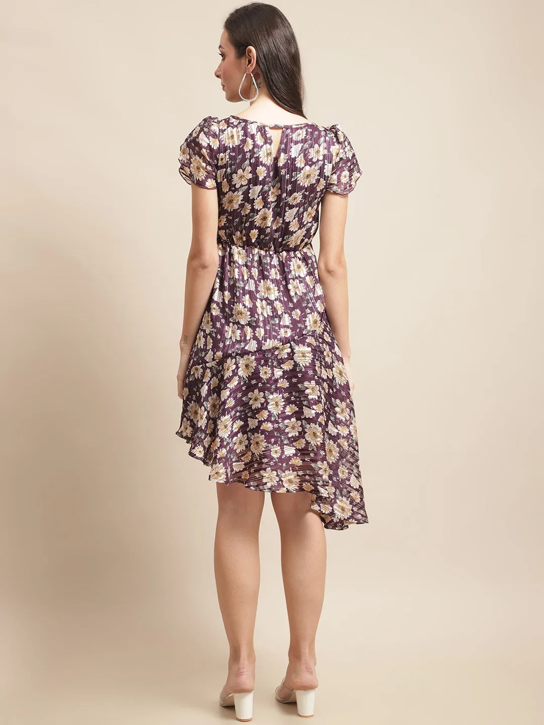 Purple Color Floral Printed Georgette Fit & Flare Dress