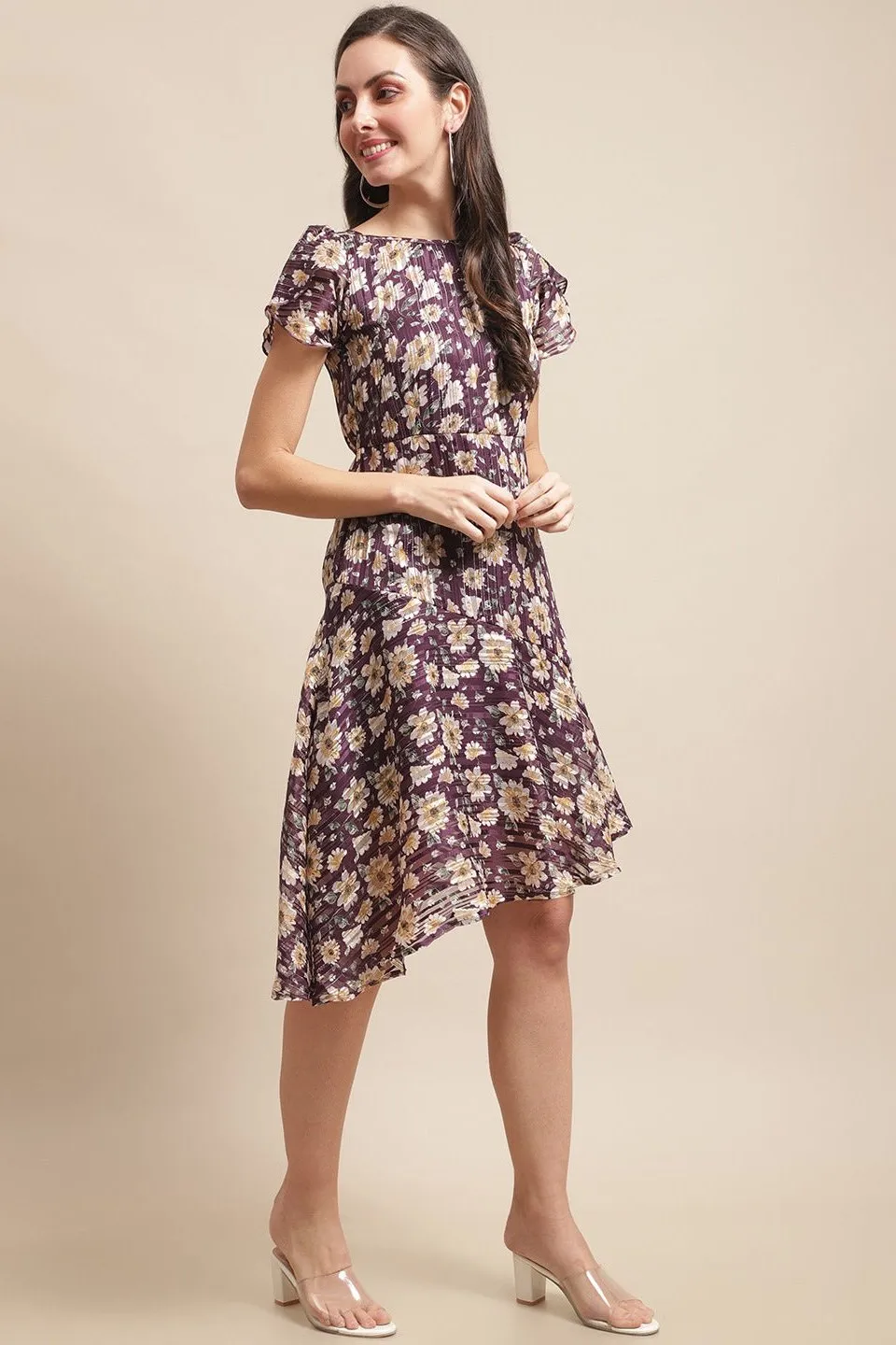 Purple Color Floral Printed Georgette Fit & Flare Dress