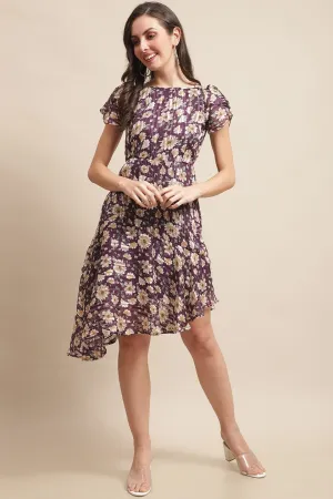 Purple Color Floral Printed Georgette Fit & Flare Dress