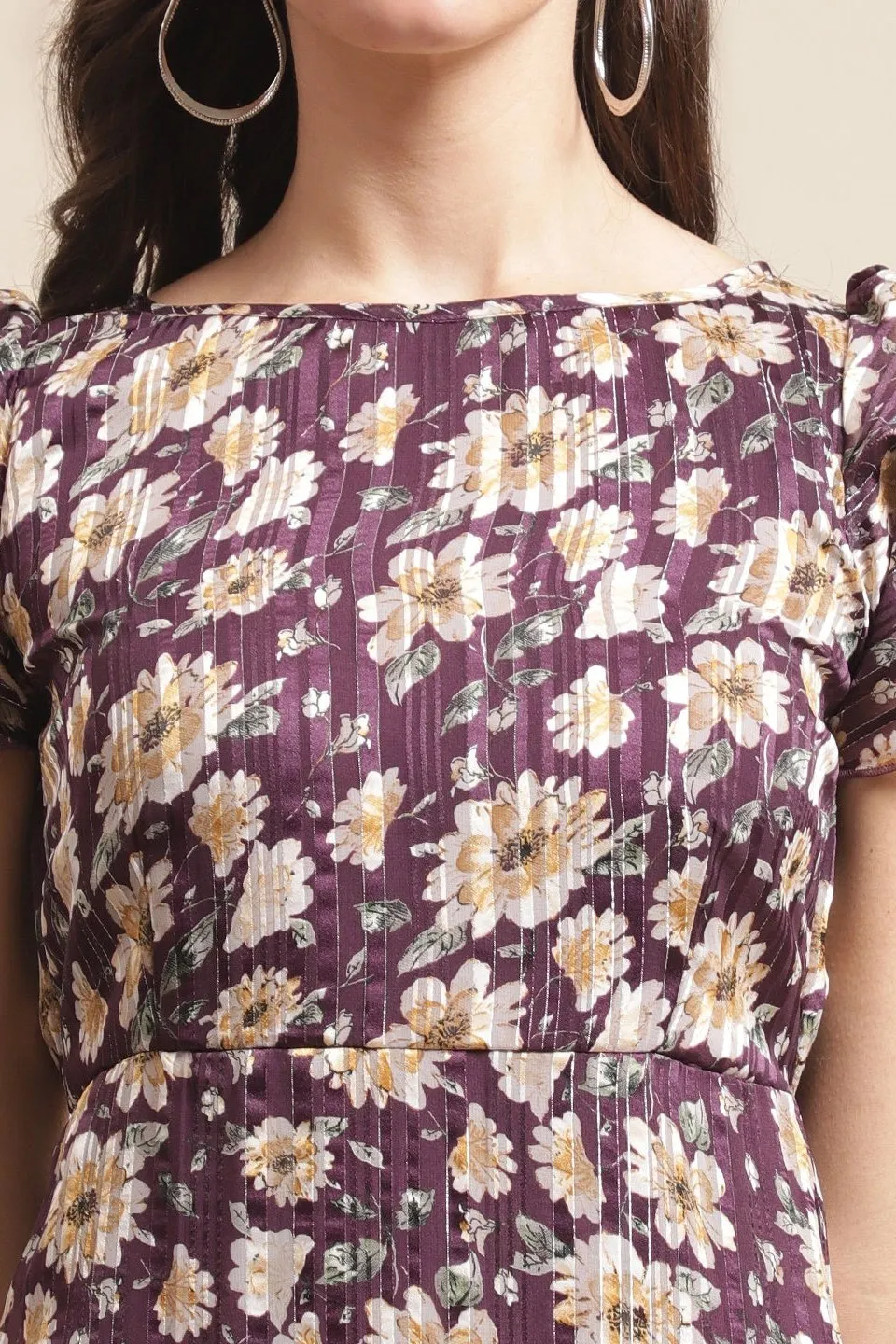 Purple Color Floral Printed Georgette Fit & Flare Dress
