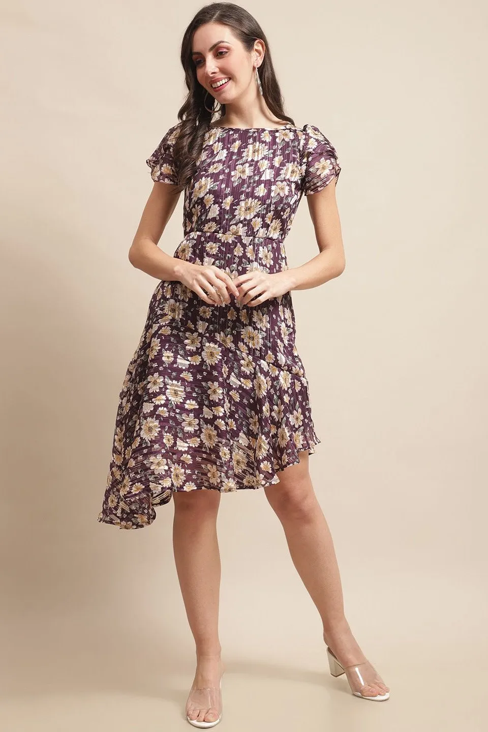 Purple Color Floral Printed Georgette Fit & Flare Dress