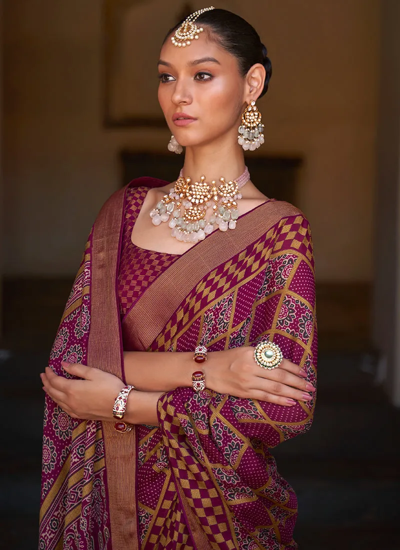 Purple Multi Printed Brasso Silk Saree