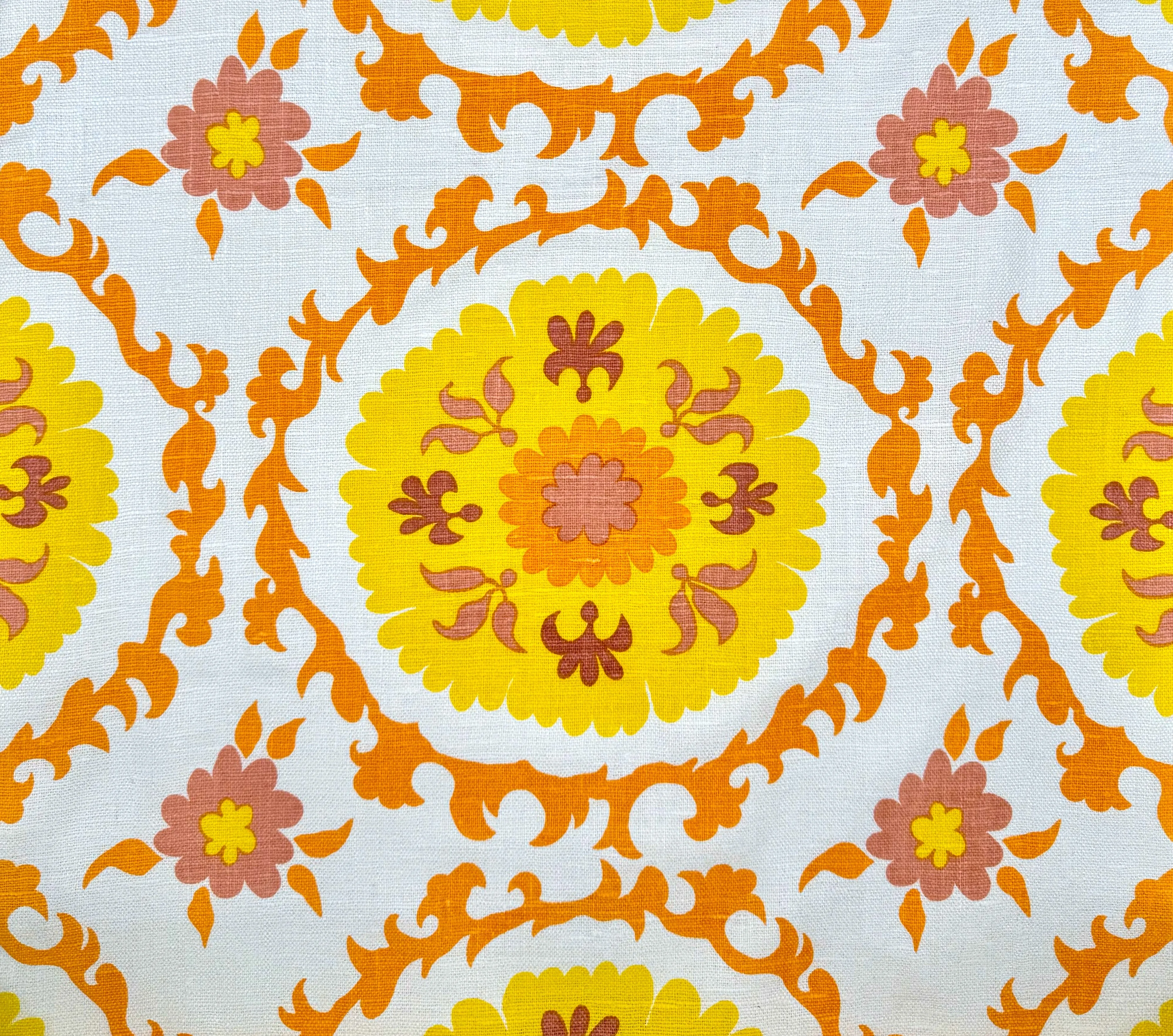 Quadrille Fabric: Suzani - Custom Yellow / Orange on Bleached 100% Silk Matka
