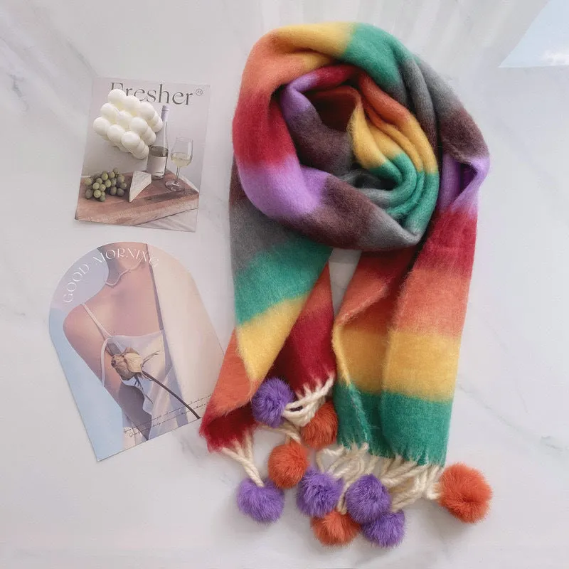 Rainbow Dopamine Mohair Tassel Scarf