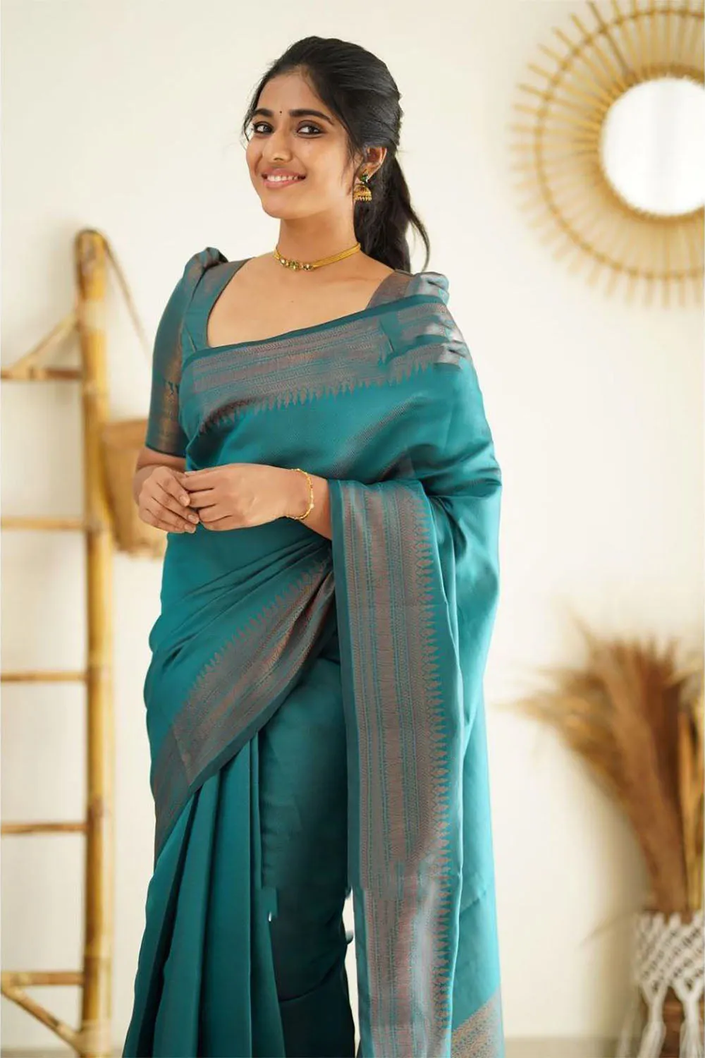 Rama Blue Soft Silk Saree With Zari Weaving Work