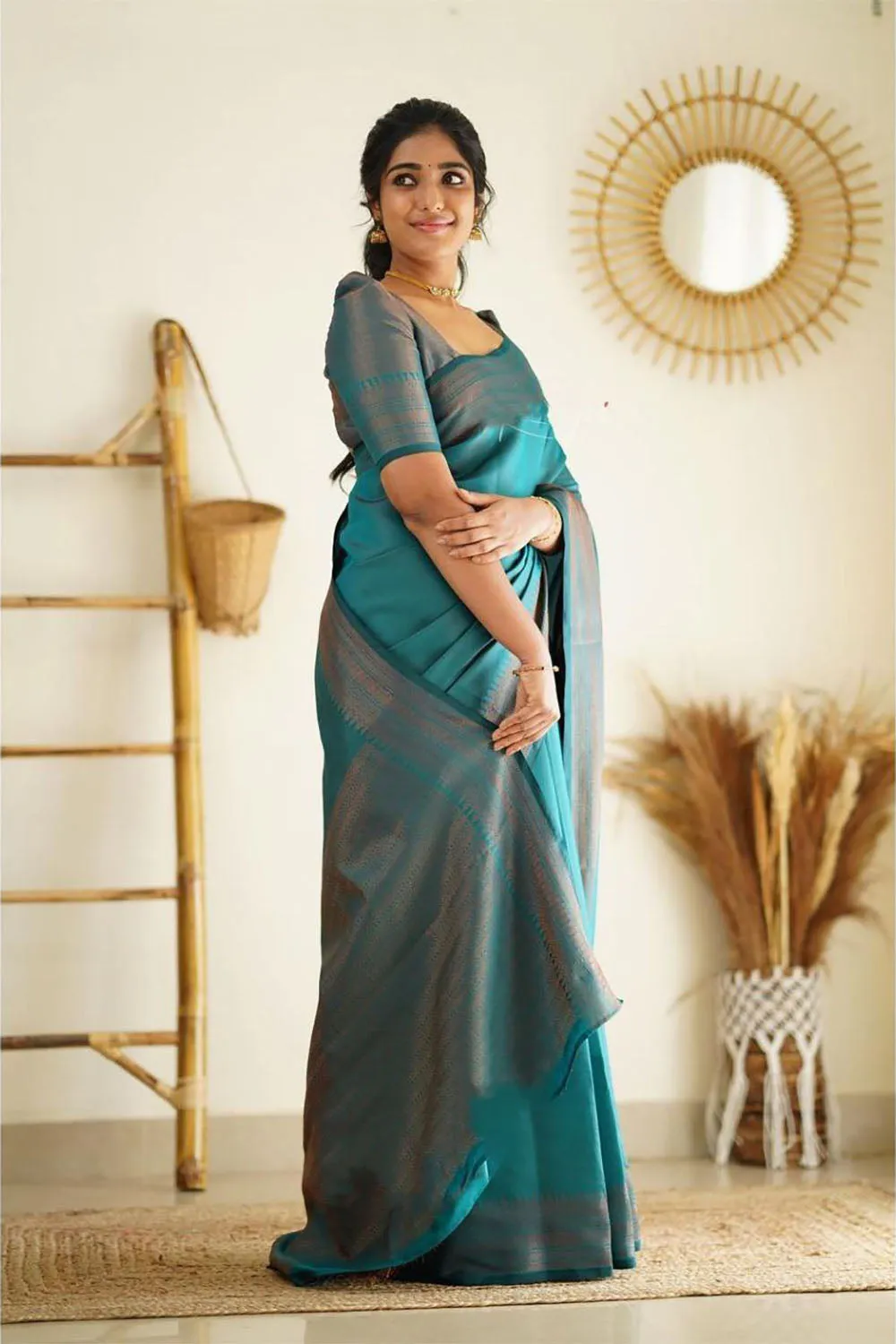 Rama Blue Soft Silk Saree With Zari Weaving Work
