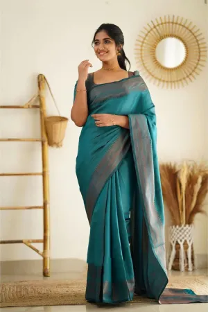 Rama Blue Soft Silk Saree With Zari Weaving Work