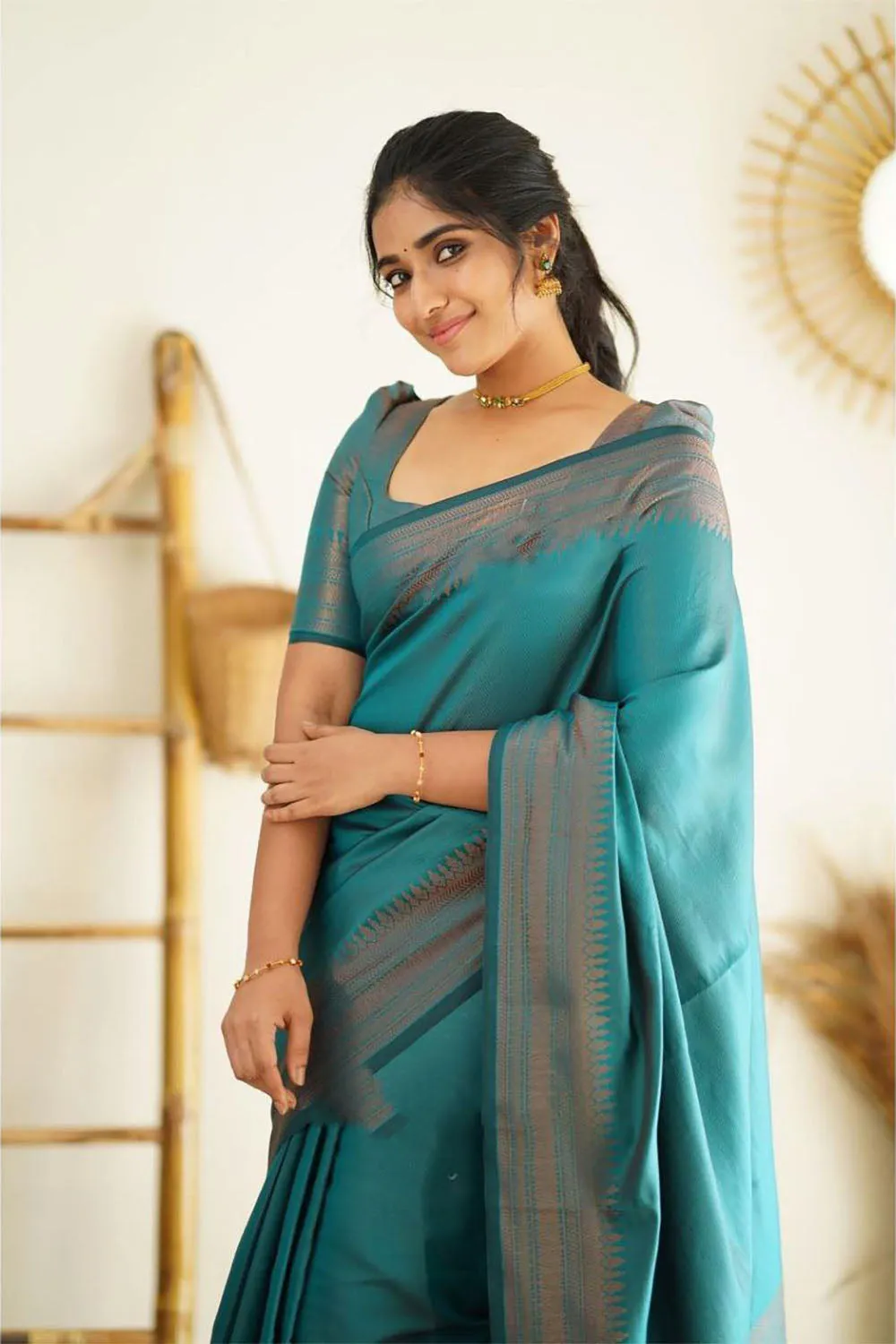 Rama Blue Soft Silk Saree With Zari Weaving Work