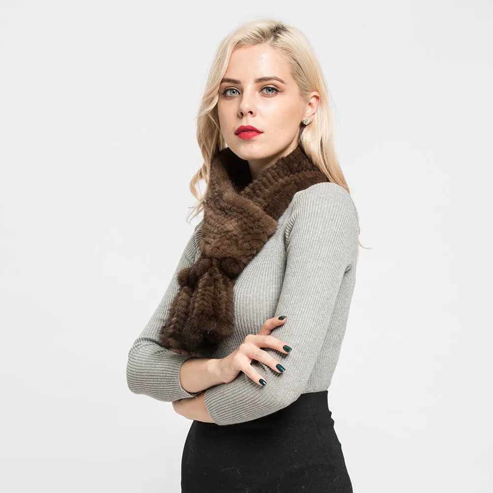 Real Mink Fur Scarf Women's Winter Knitted Fur Shawl Coffee Muffler