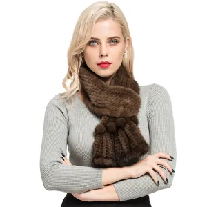 Real Mink Fur Scarf Women's Winter Knitted Fur Shawl Coffee Muffler