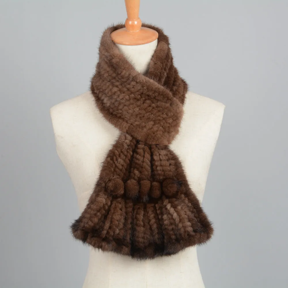 Real Mink Fur Scarf Women's Winter Knitted Fur Shawl Coffee Muffler