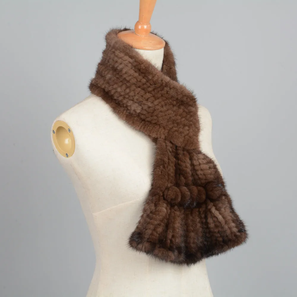 Real Mink Fur Scarf Women's Winter Knitted Fur Shawl Coffee Muffler
