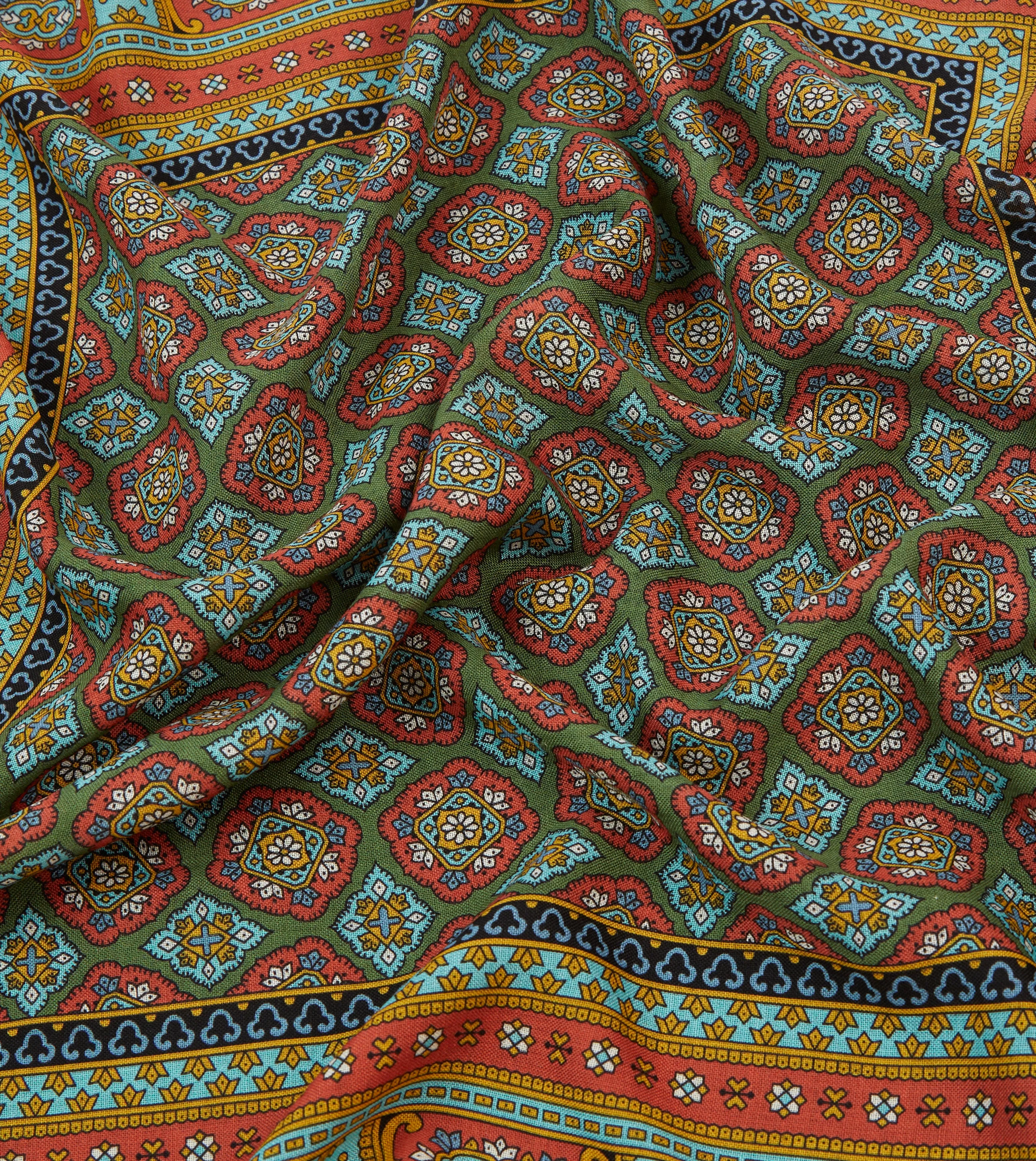 Red, Blue and Gold Floral Medallion Print Wool-Silk Bandana
