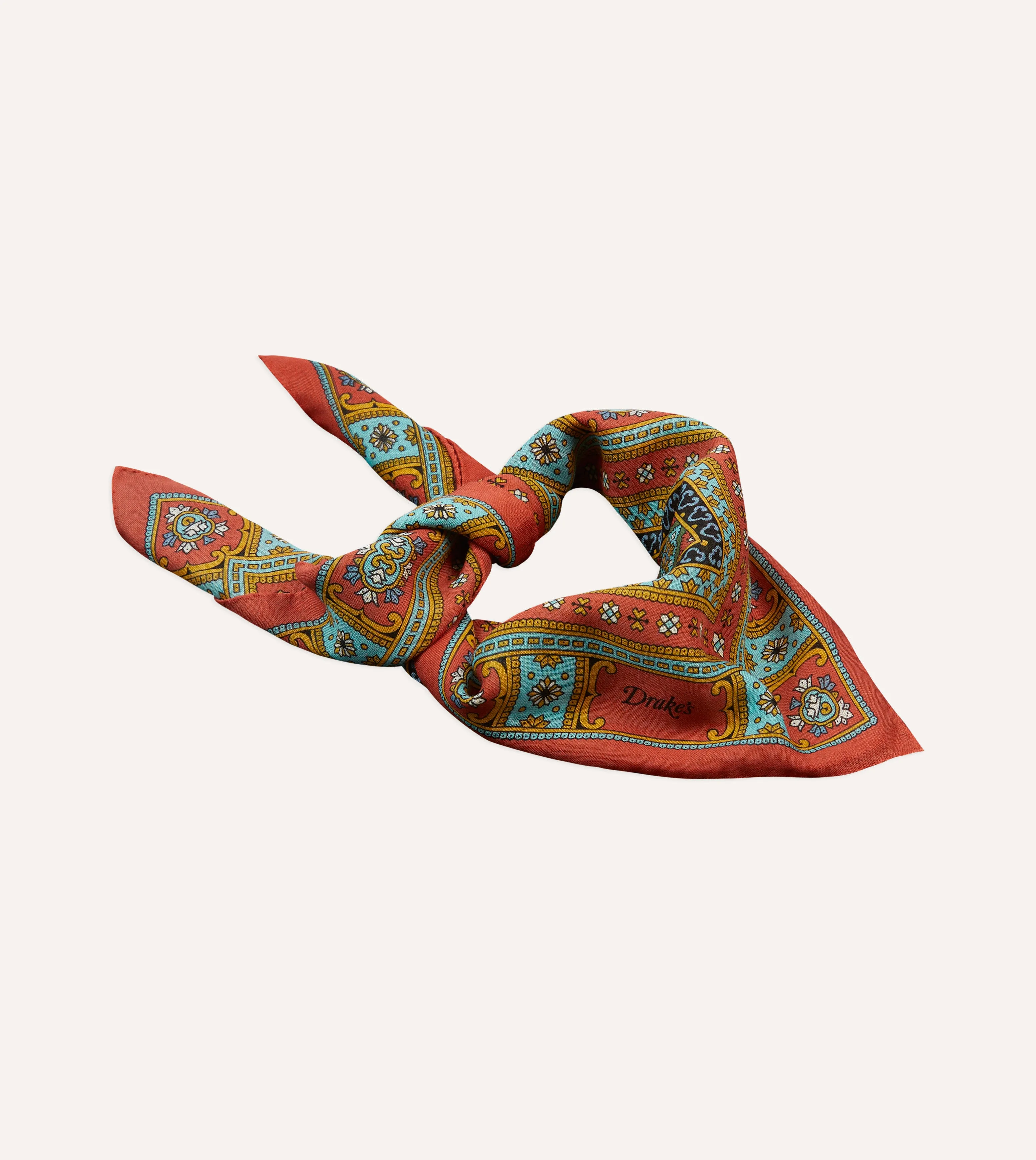 Red, Blue and Gold Floral Medallion Print Wool-Silk Bandana