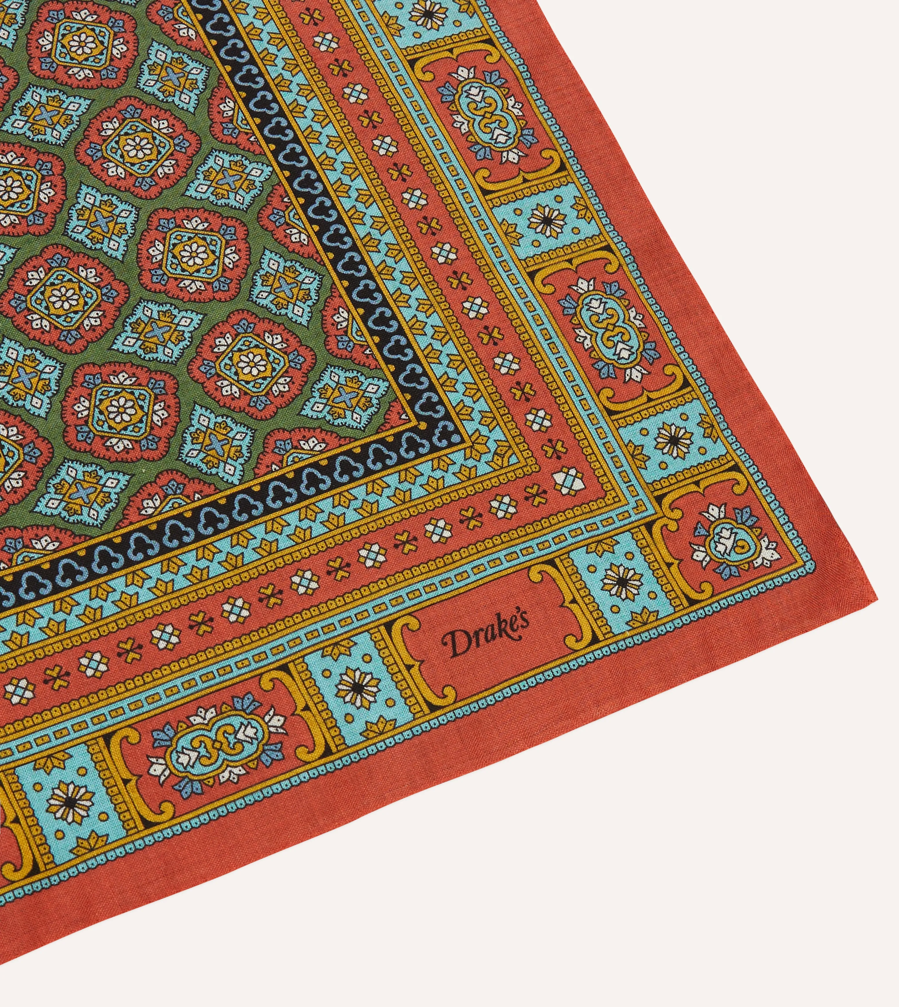 Red, Blue and Gold Floral Medallion Print Wool-Silk Bandana