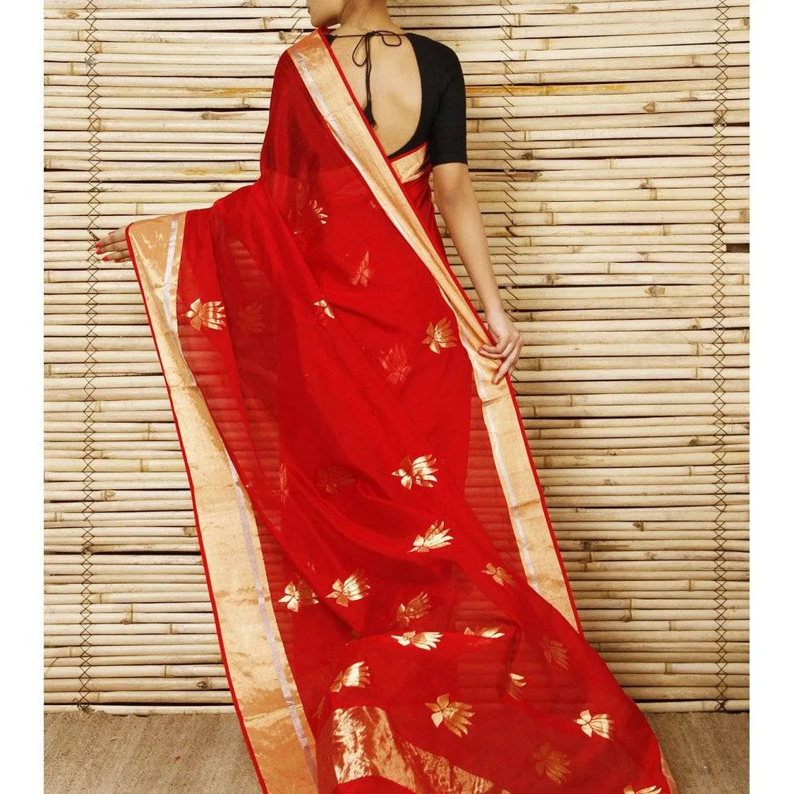 Red Chanderi Cotton Silk Saree with Zari Work