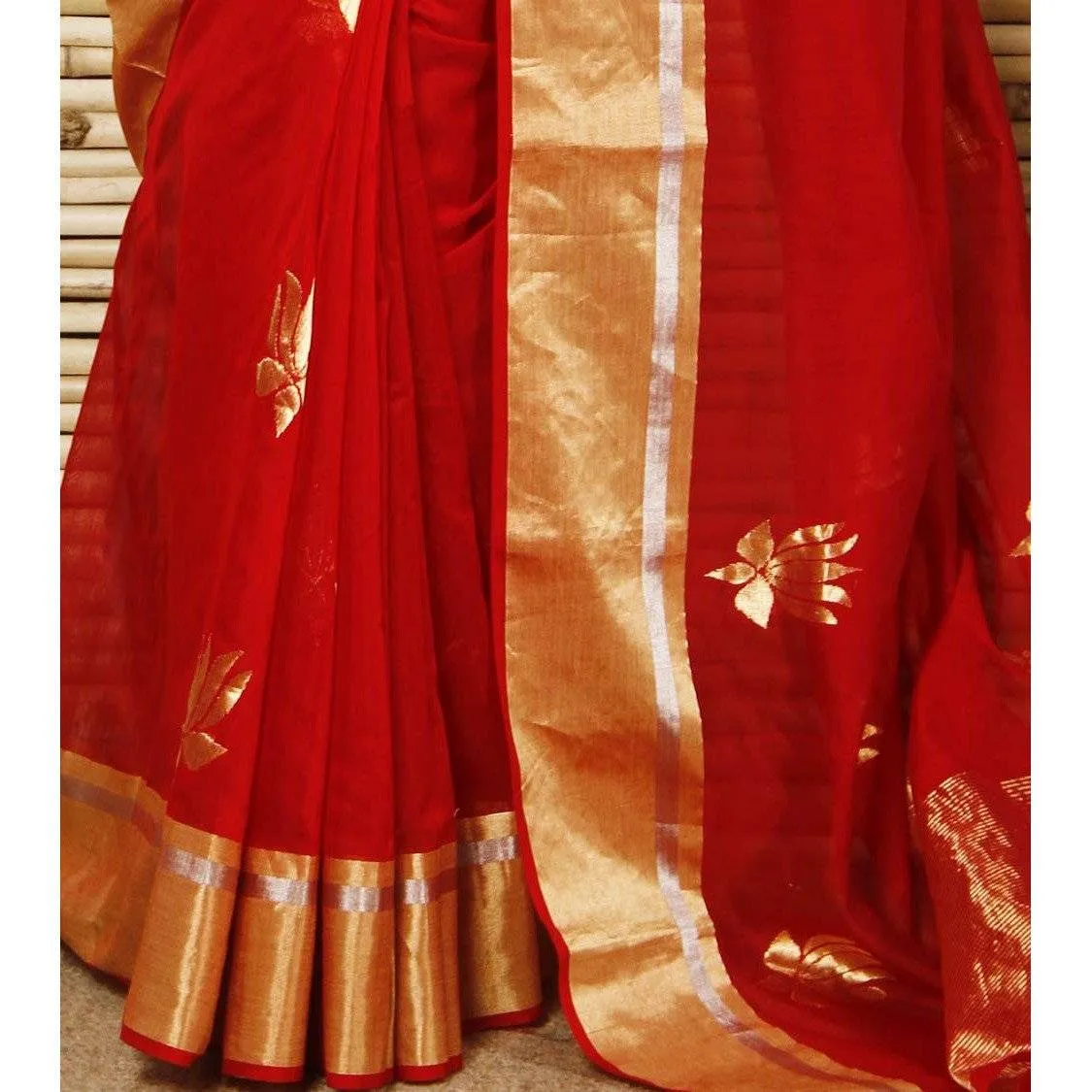 Red Chanderi Cotton Silk Saree with Zari Work