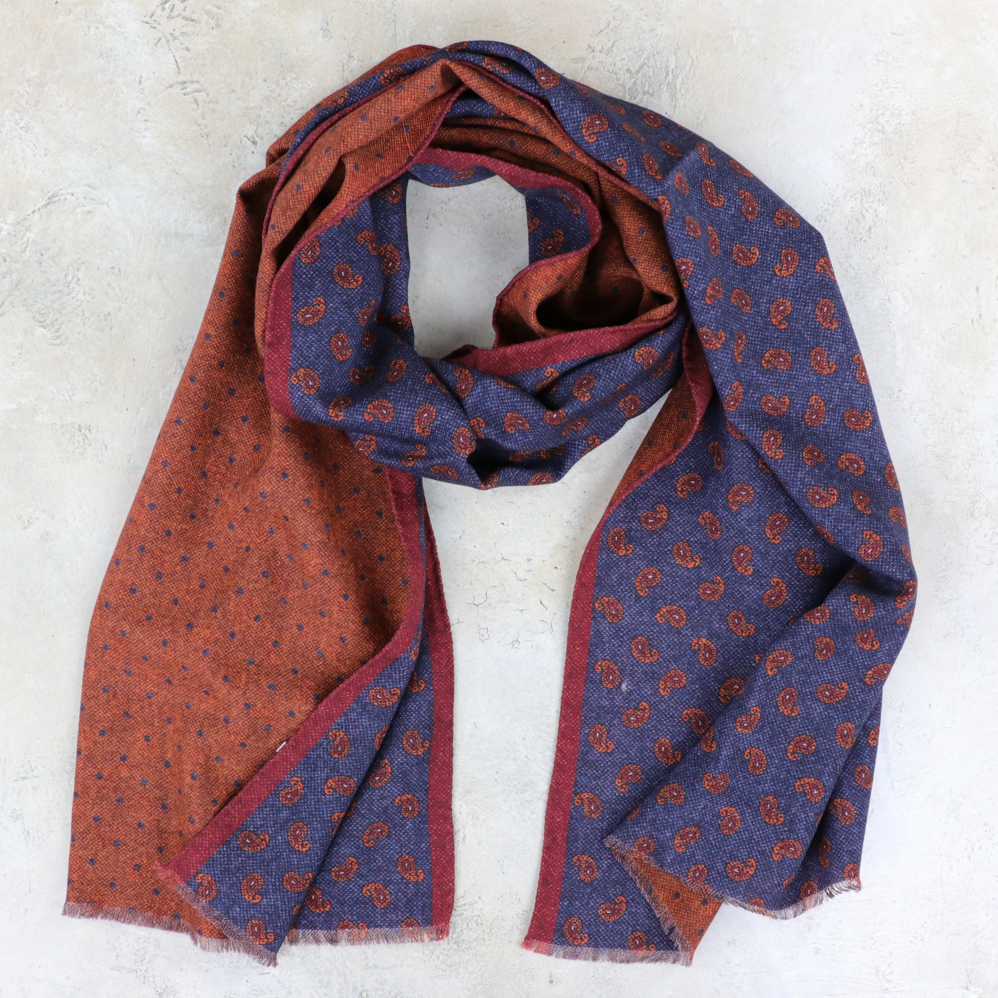 Reversible Wool Scarf - Denim Pines/Dots