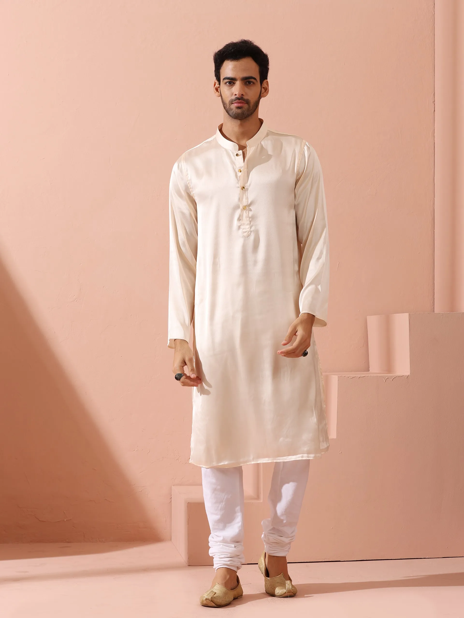 Rose Cream Satin Kurta with Gold Buttons